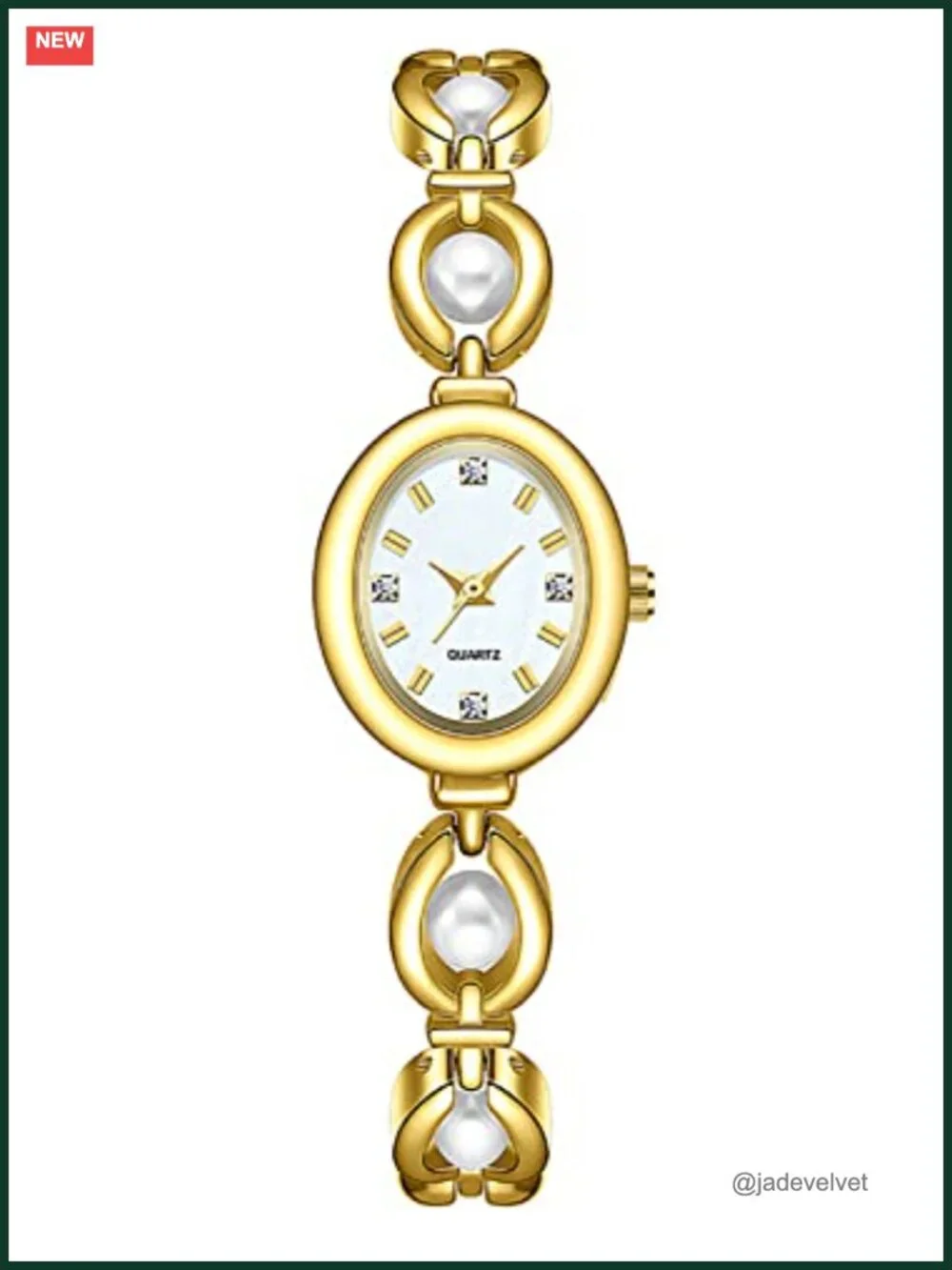 Elegant Pearl Women's Dress Watch, Oval Dial, Quartz Movement, Waterproof, Gold